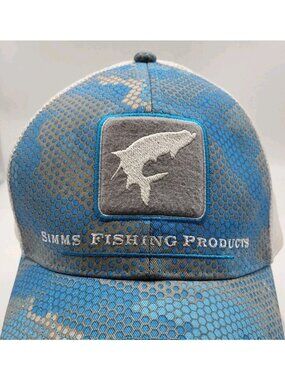 SIMMS Fly Fishing Trucker Cap Hat Blue Mens SnapBack Embroidered Mesh